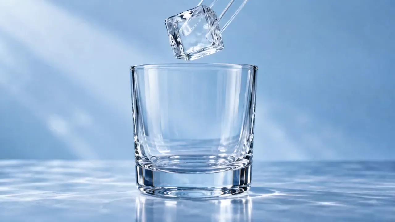 15-second 16:9 reference-image-to-video ASMR video. Begin from the exact reference-image composition and retain the glass vessel, ice geometry, liquid colors, and cool studio lighting. No labels, text, logos, face, or drinking action.
0–2s: a clear square ice cube is placed into the empty glass with a crisp resonant clink.
2–4s: a thin stream of cobalt-blue liquid flows around the ice and fills the lower third of the glass.
4–7s: a second stream of amber liquid enters from the opposite side, forming visible swirling boundaries without instantly mixing.
7–9s: a glass stirrer turns once; the colors spiral around the cube in layered ribbons.
9–11s: a second ice cube drops in, displacing the liquid and creating a controlled ripple against the glass.
11–14s: condensation beads form and slide down the outer surface while the internal colors settle into a rich gradient.
14–15s: close macro of one bead rolling downward, ending on a clear glass chime.
Camera: extreme macro at glass height, slow focus transition from the pour to the condensation bead. Audio: precise ice clinks, liquid pour, glass stir, no music, no voice.