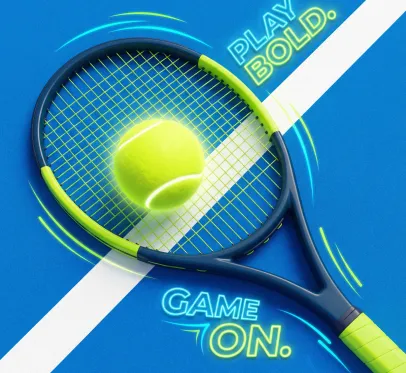 Vợt tennis giữ một quả bóng tennis màu vàng tươi, nhìn từ phía trên một góc nghiêng, nền là sân tennis màu xanh lam rực rỡ, một đường trắng xéo trên sân, ánh sáng mềm mại làm quả bóng và chữ nổi bật, các sắc độ xanh dương và vàng xanh neon, phong cách thiết kế đồ họa hiện đại, áp phích quảng cáo, có vân nhẹ trên sân, năng động, vui tươi, độ phân giải cao, lấy nét sắc nét, chiếu sáng thể tích, nghệ thuật số.