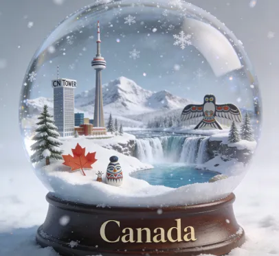 Quả cầu tuyết cực kỳ chi tiết, chân thực thể hiện tinh hoa của Hàn Quốc. Bên trong: các cảnh quan tuyết thu nhỏ, địa danh mang tính biểu tượng, biểu tượng văn hóa và yếu tố thiên nhiên đại diện cho Canada, được thể hiện với sự chân thực tuyệt đối và kết cấu phong phú. Tuyết rơi nhẹ tạo nên không khí kỳ diệu bên trong quả cầu. Nền sạch sẽ và chiếu sáng dịu nhằm tập trung hoàn toàn vào quả cầu. Ảnh tỉ lệ 1:1. Dưới cùng là dòng chữ “Canada” viết rõ ràng bằng phông chữ serif thanh lịch.